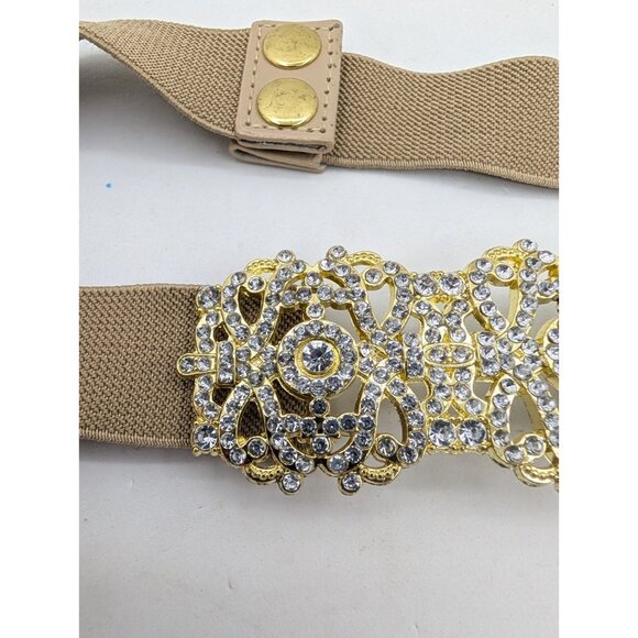 Waist Belt Women's M/L Metal Gold Rhinestone Elastic Snap Closure Tan Y2K glam - Picture 5 of 13